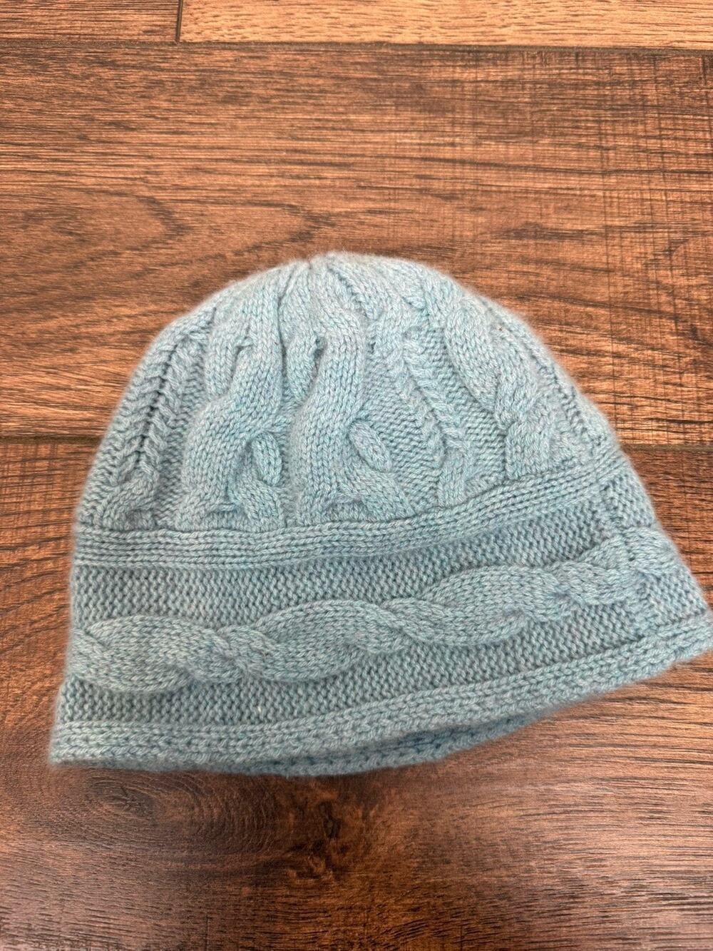 Nordstrom Womens Light Blue 100% Cashmere Cable Knit Beanie Hat Soft Winter Cap